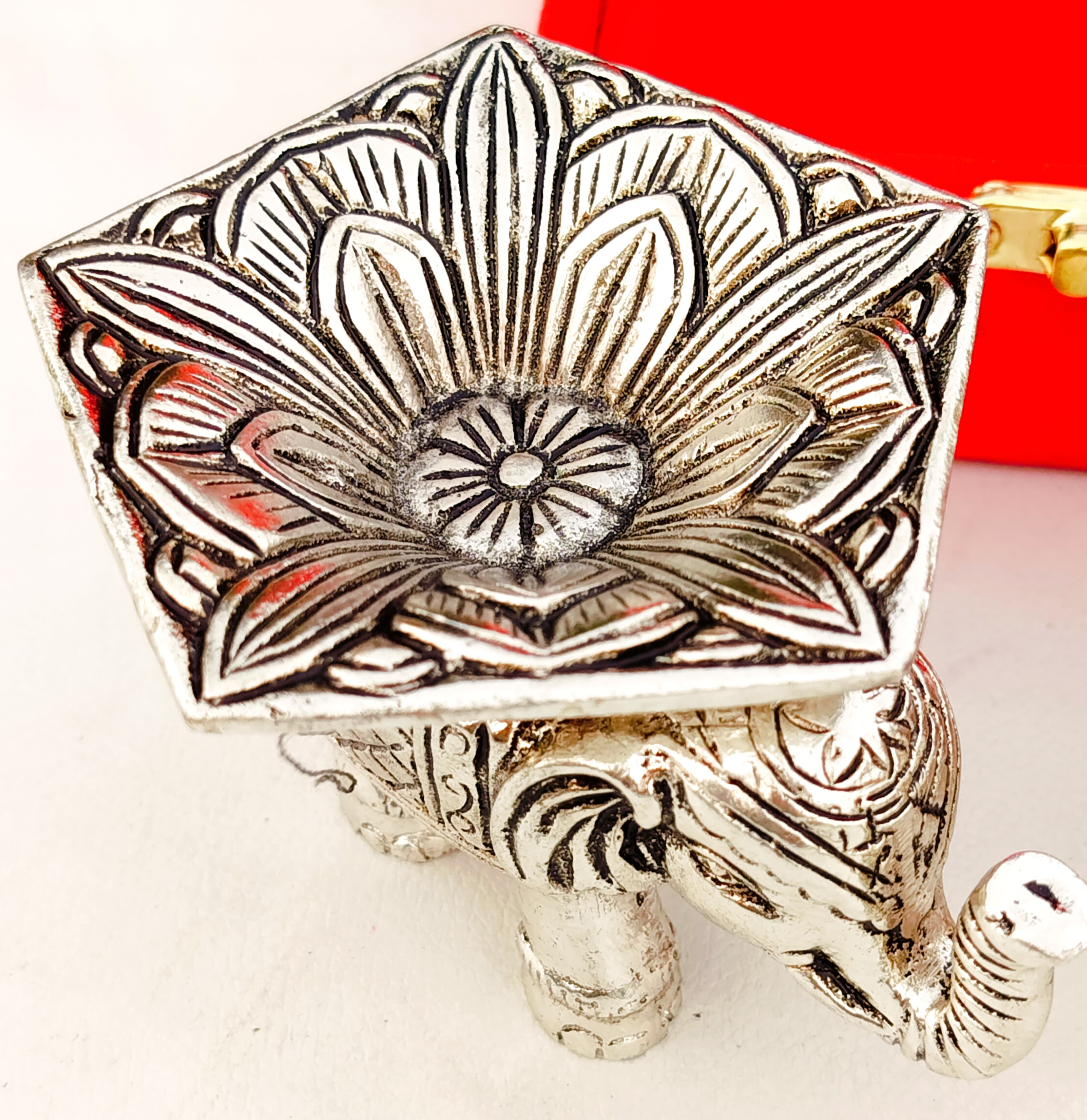 Antique German Silver Elephant Panchmukhi Diya Set of 2 with Velvet Box